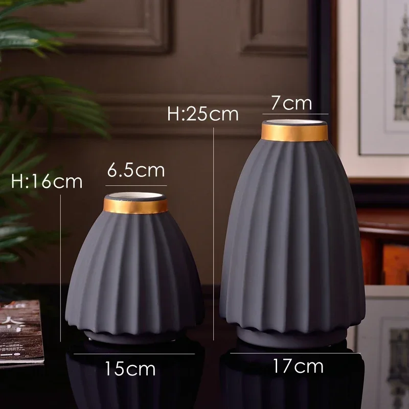 1pc Matte Porcelain Vase Grey Black Flower Vase Home Decoration Centerpiece Ornament Gold-Plated Stoneware Desktop Vase 16/25cm