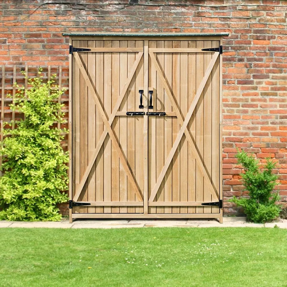 Outdoor Storage Cabinet, Wooden Garden Shed with Double Lockable Doors & Lean-to Roof, Vertical Tool Organizer Outdoor Shed