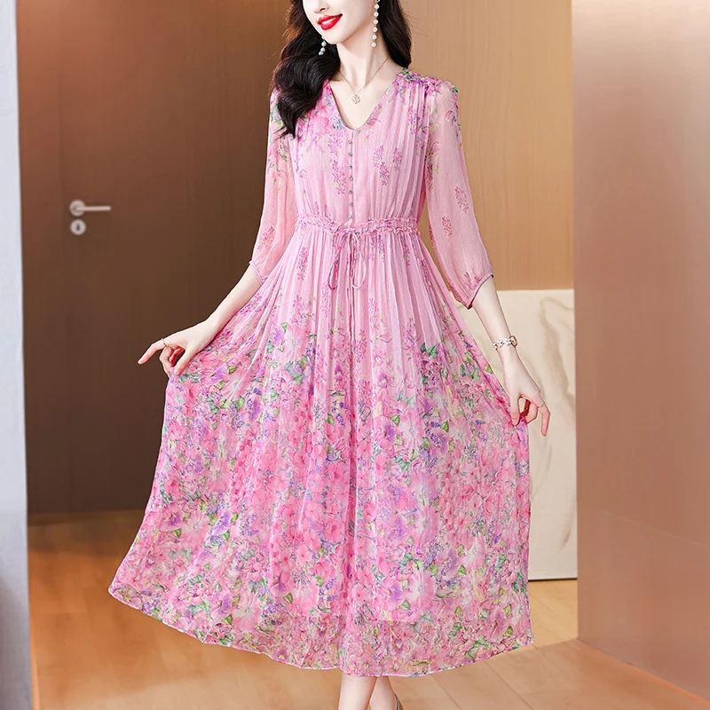 Summer Korean Vacation Fashion Elegant Maxi Dress New Luxury Dance Party Dress 2024 Women Boho Beach Floral Silk Casual Vestidos