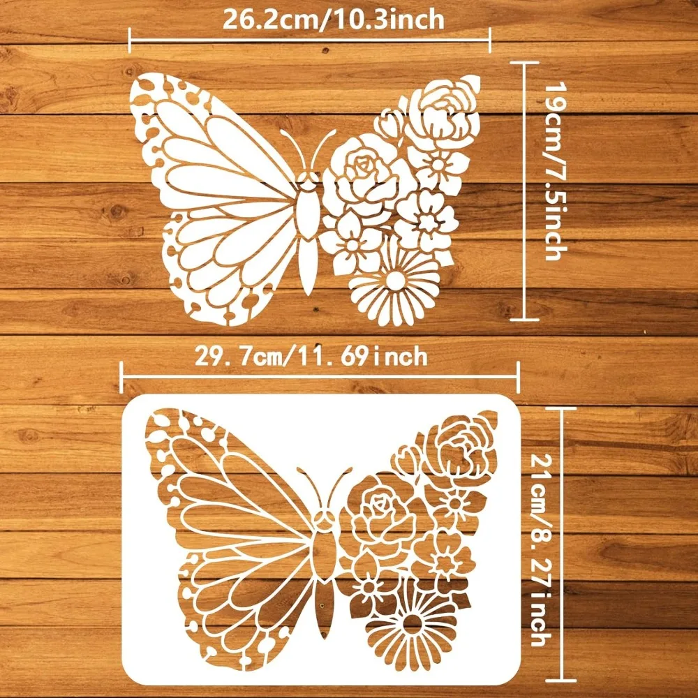 Floral Butterfly Painting Stencil 11.7x8.3 inch Hollow Out Big Butterfly Craft Stencil Reusable Various Flowers Stencil DIY Art