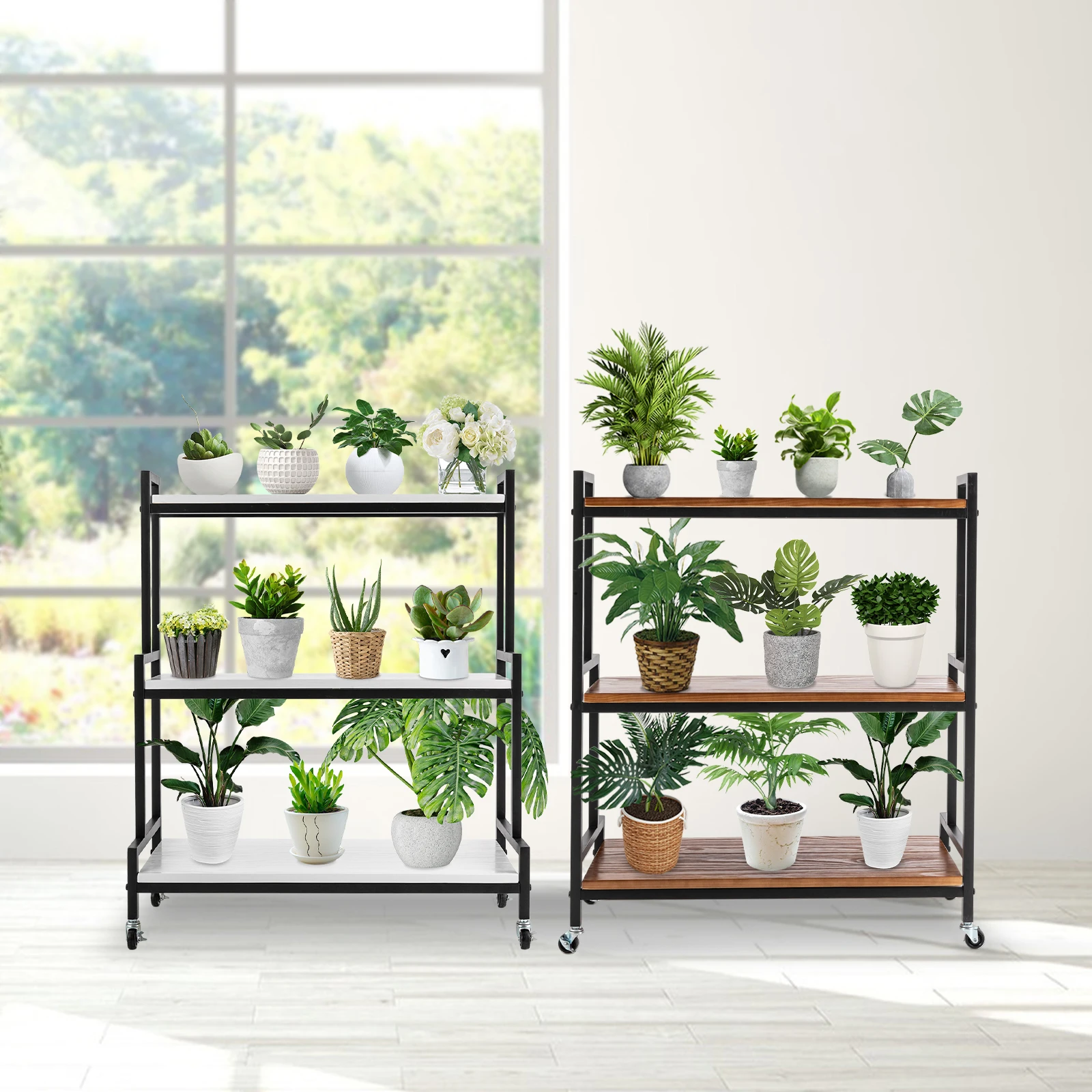 3 Tier Plant Stand with Wheels, Rolling Plant Shelves Rack Indoor Outdoor,Metal Ladder Shape Plant Flower Shelf for Garden