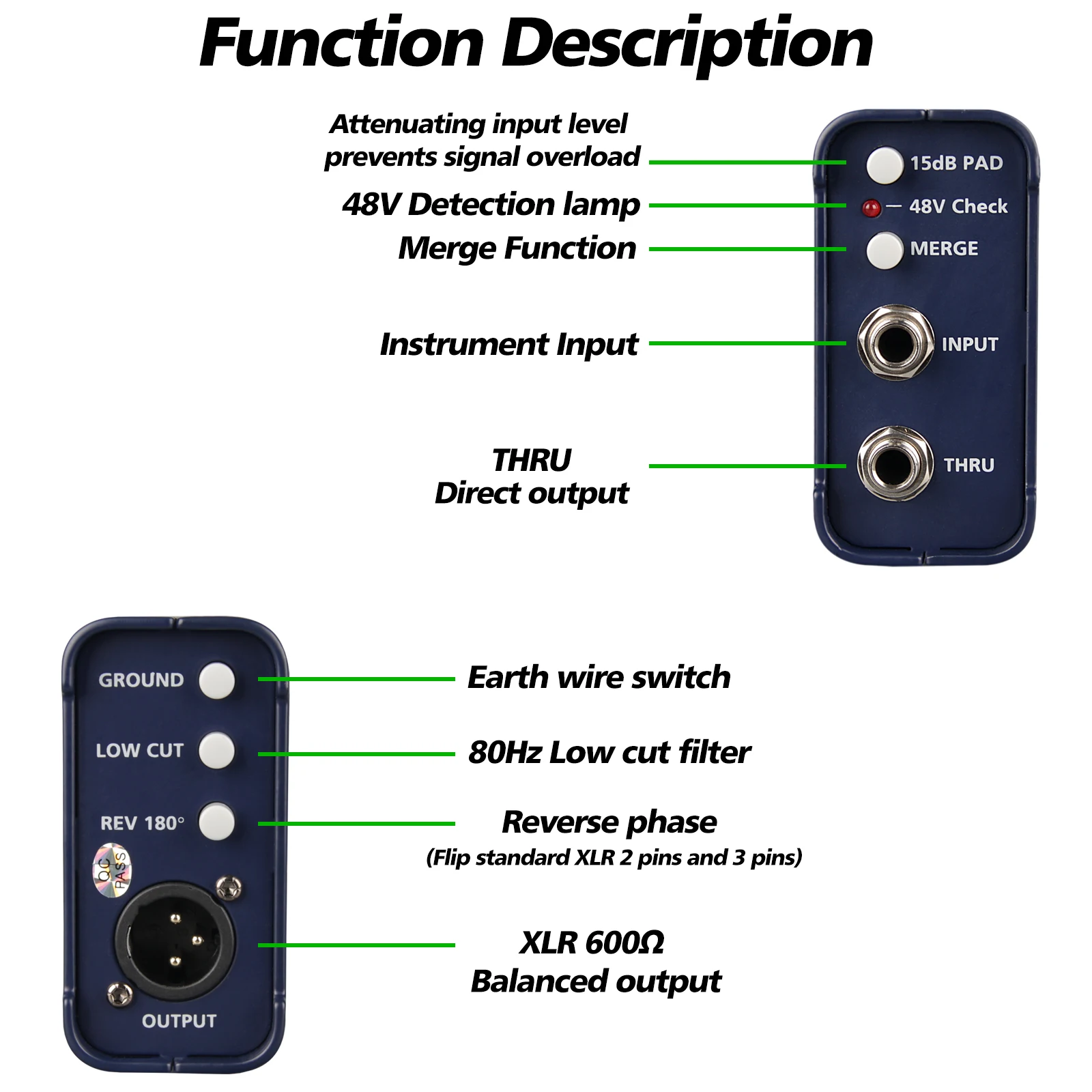 Sennesai J48 Direct Box，For Guitar Bass Instrument audio Recording And stage performanc，Active Di Box Single Channel Isolator。