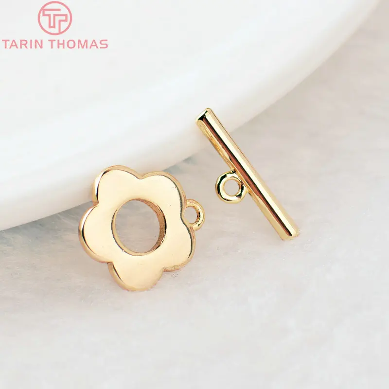 (3271)6 Sets O:13MM T:16MM 24K Gold Color Plated Brass Flower Bracelet O Toggle Clasps High Quality Diy Jewelry Accessories