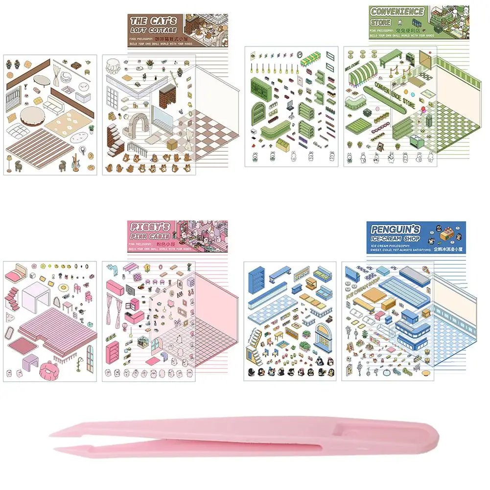 Stiker 3D DIY tiga dimensi untuk kabin, stiker pemandangan kabin susun dan tempel akun tangan, stiker miniatur lucu