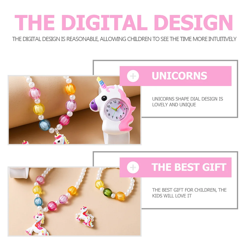 

1 set 1 Set Unicorn Silicone Jewelry Set Kids Digital Slap Watch Beaded Bracelet Necklace For Children Cartoon Wristwatch