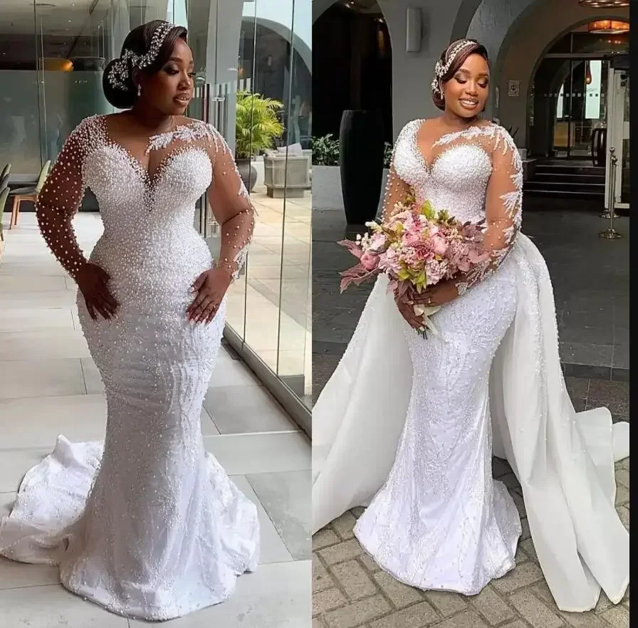 Customized Sparkly Heavy Pearls Wedding Dress With Detachable Train Robe De Mariee Luxe  Plus Size Long Sleeves Bridal Gown