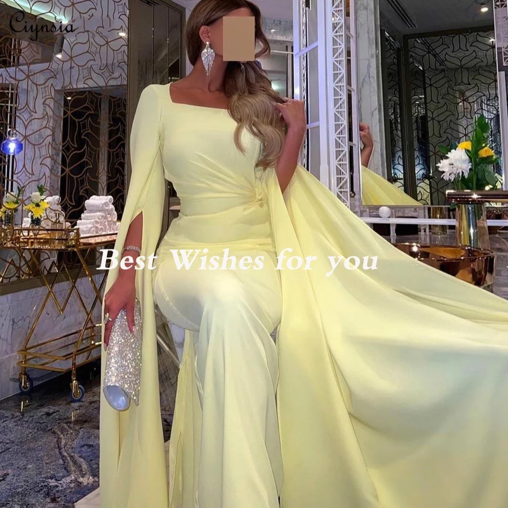 Ciynsia Elegant Square Neck Women Evening Dresses Mermaid Chiffon Yellow Saudi Arabia Formal Party Gowns Long Vestidos De Gala