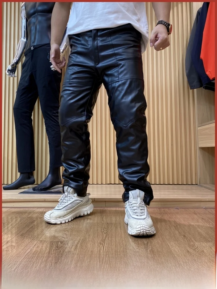 

Мужские повседневные брюки Thiened Fce, осенне-зимние теплые брюки из искусственной кожи, молодежные длинные брюки одного цвета