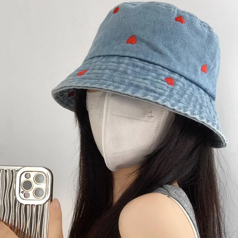 Sombrero de pescador con corazón bordado coreano para mujer, gorra de pescador de mezclilla lavada, gorras Bob Unisex, sombreros de Panamá de verano