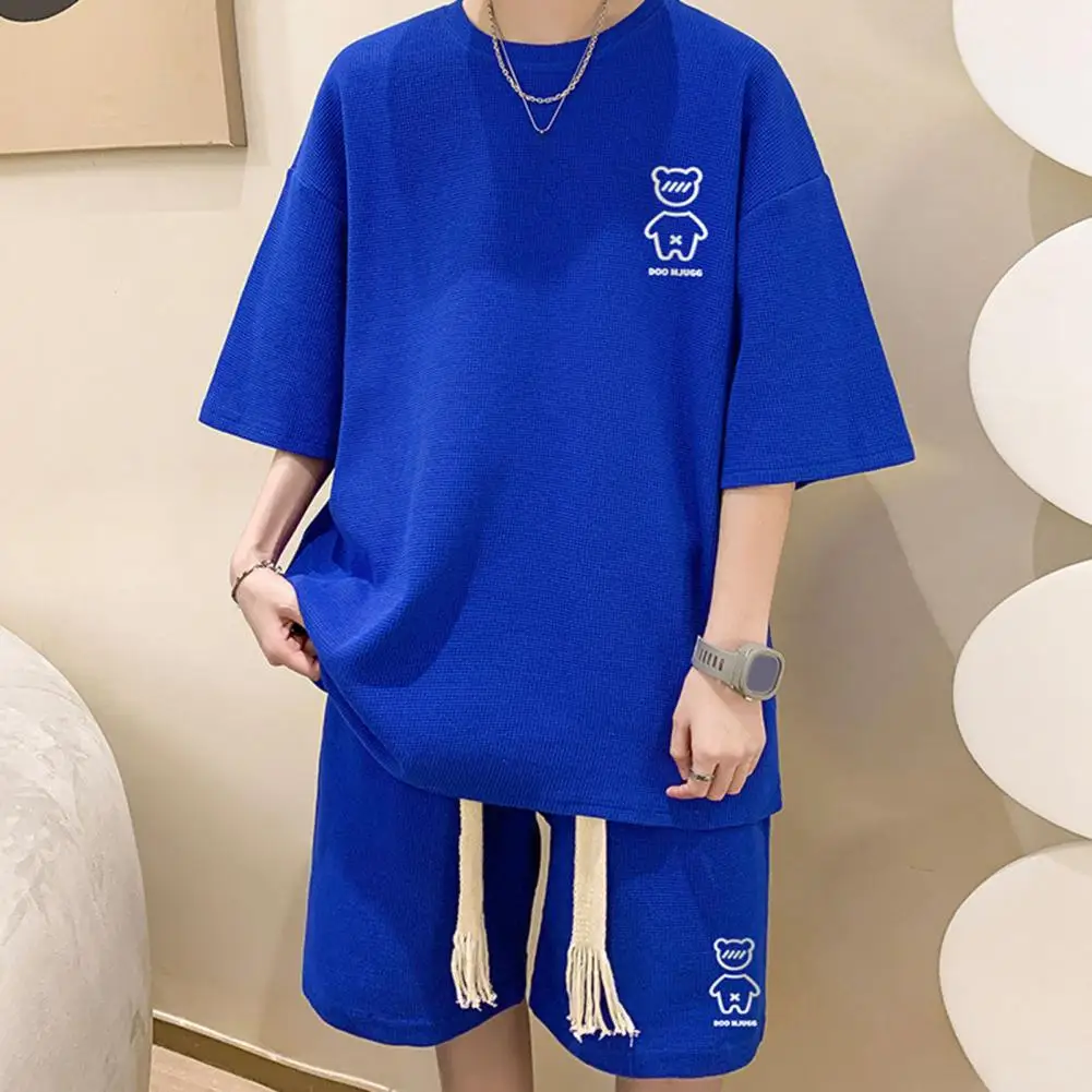 2 Pcs/Set Men Summer Tracksuit Cartoon Bear Korean Style Half Sleeves Sports Drawstring Casual Top Shorts Suit Male Clothes