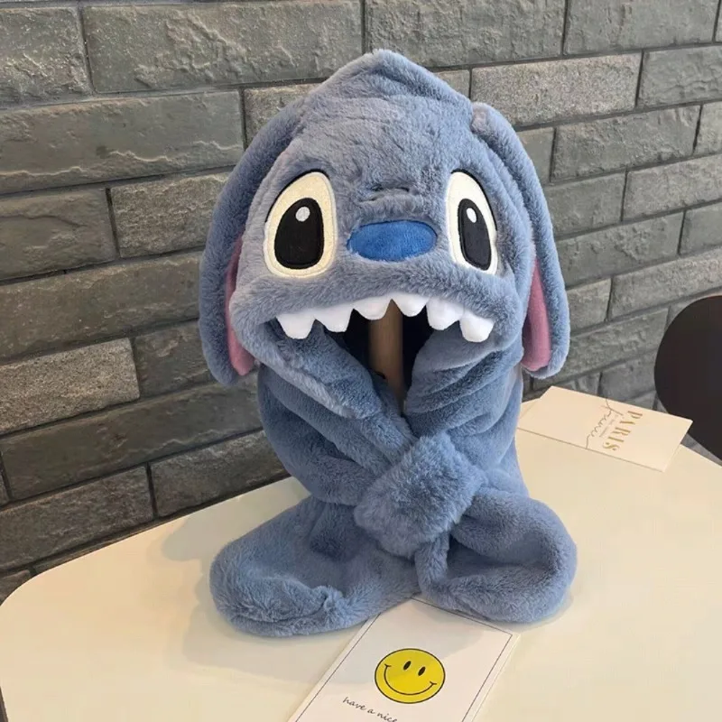 Disney Winter Children's Hats Scarves and Bibs Are Thickened and Kept Warm Stitch Plush Two-piece Ear Protection Baby Cold-proof