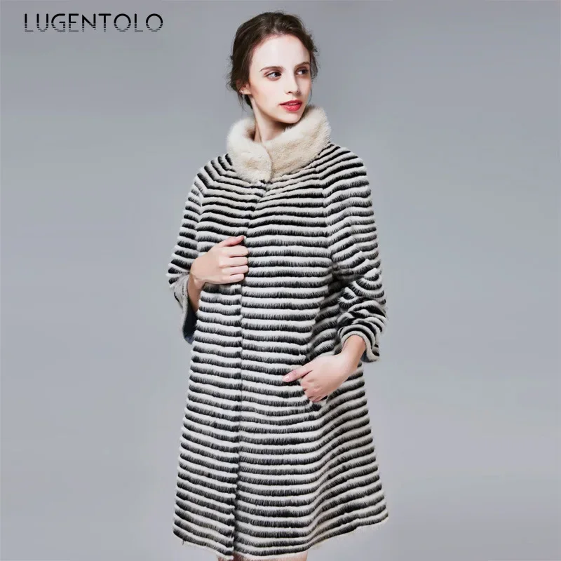 Women Faux Mink Fur Elegant Coat Stripe Stand Collar Autumn Winter Lady Loose New Fahsion 2024 Simple Street Cloth Lugentolo