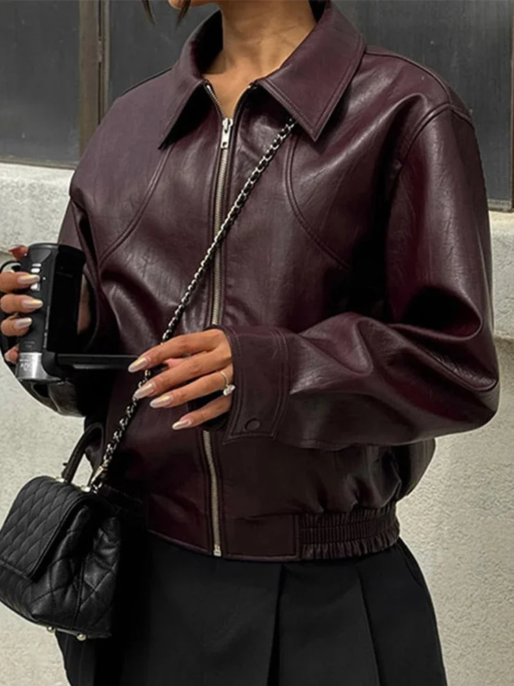 

Elegant Leather Zipper Short Jackets Women Lapel Long Sleeves Bomber Overcoat Loose Cropped 2024 New In Lady Motorcycle Outwear