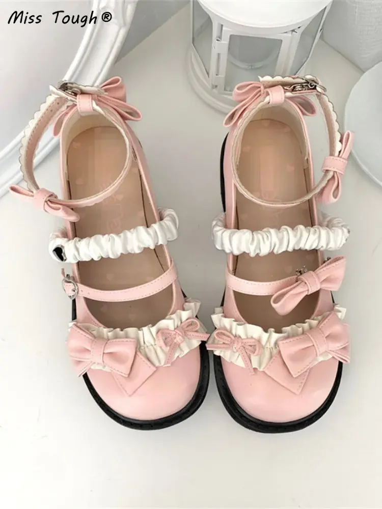 Japanese Kawaii Sweet Sandals Women Bow Lolita Style Cute Mary Janes Shoes Buckle Design Round Toe Chic Casual Shoes 2022 New