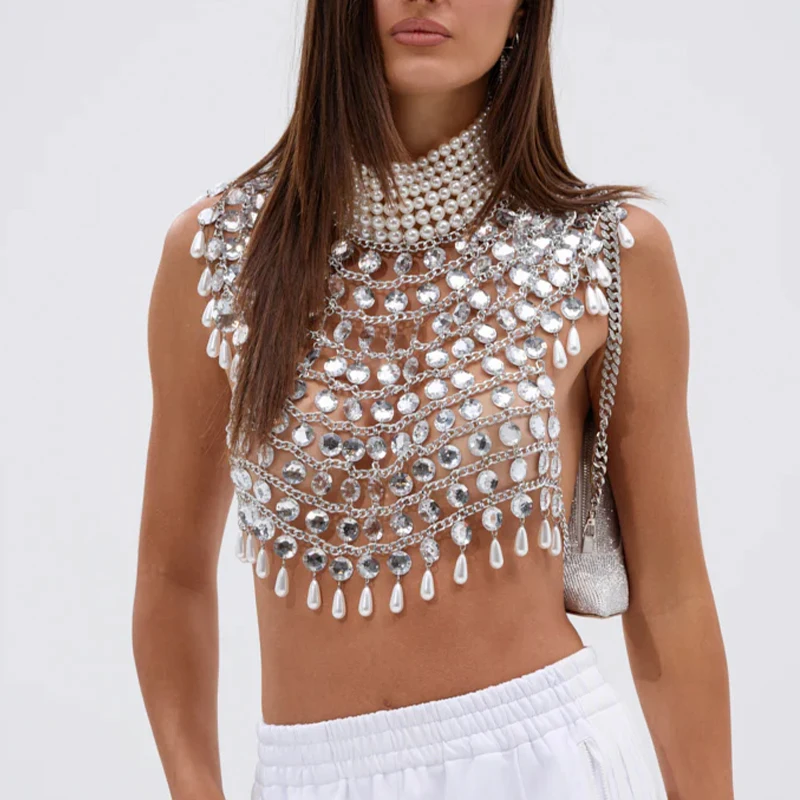 

Женский фестивальный цепочка для тела, сексуальный вязаный топ с открытой спиной и кристаллами, серебряный топ с жемчужным воротником и высоким воротом, укороченный топ со стразами и цепочкой