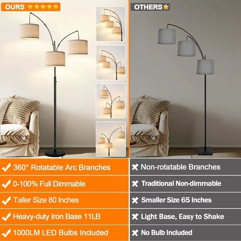 Dimmable Floor Lamp - 3 Lights Arc Floor Lamps for Living Room, 1000LM Modern Tall Standing Lamp With Beige Shades & Heavy