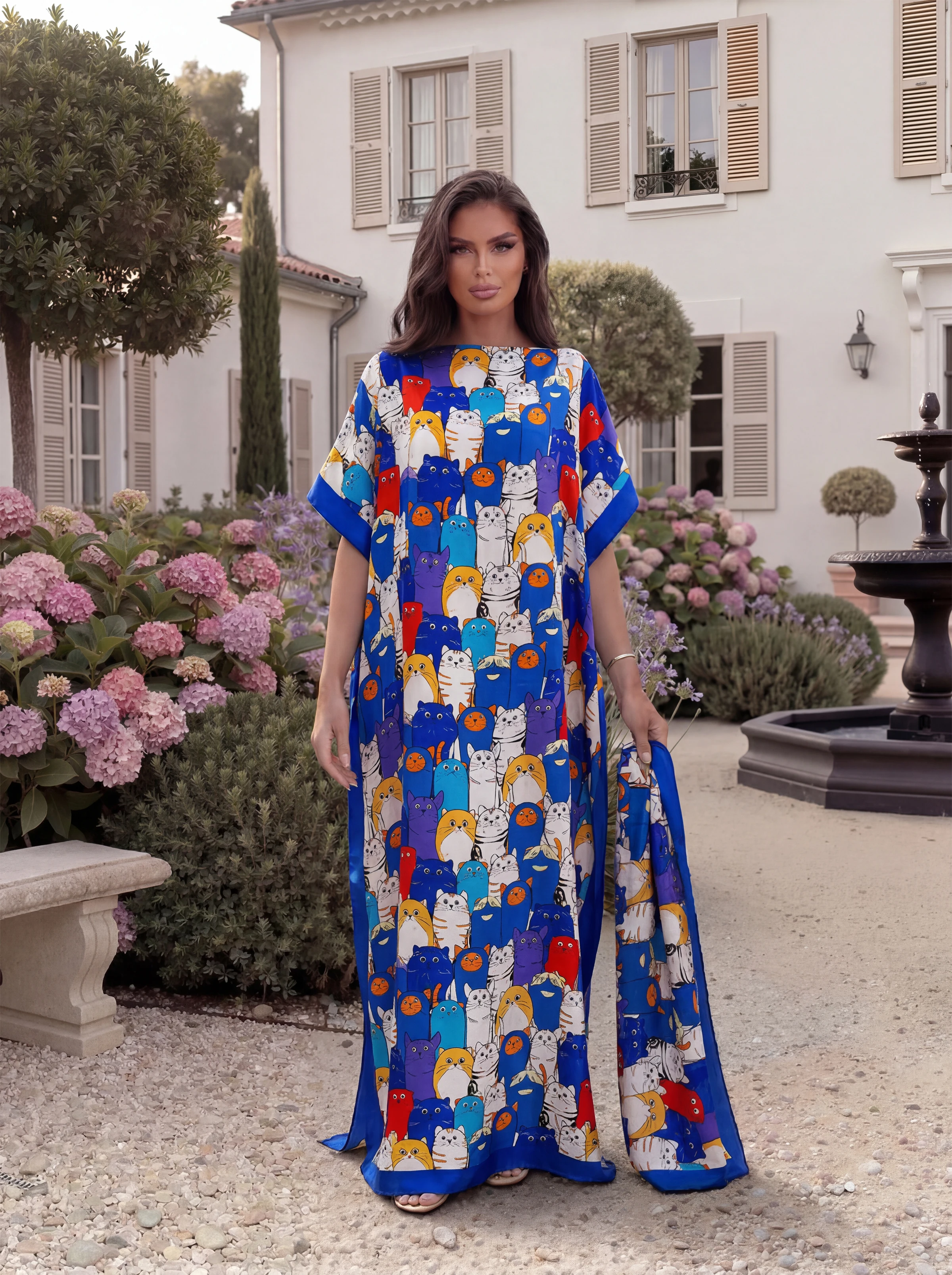 Cute Allover Cartoon Cat Print Satin Abaya Scarf Set, Loose Batwing Maxi Kaftan For Muslim Women Summer Beach Holiday Wear