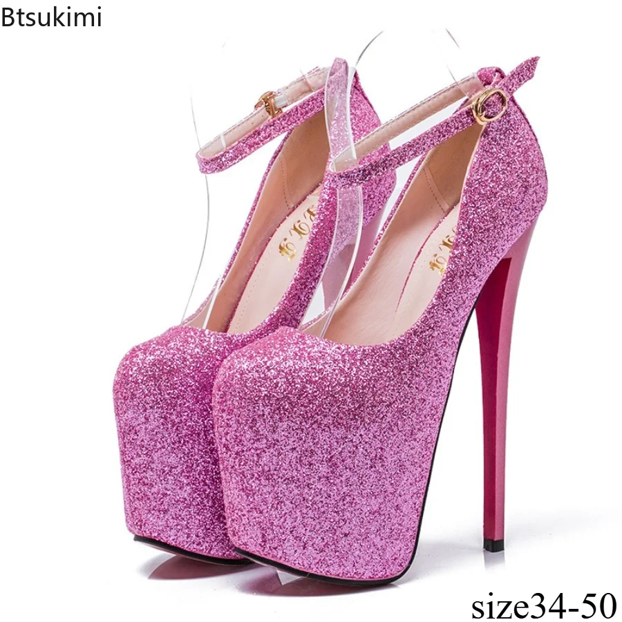 Women Glitter Platform Pump Stiletto High Heel Round Toe Ankle Strap Buckle Dress Shoes Nightclub Party Wedding Evening Footwear