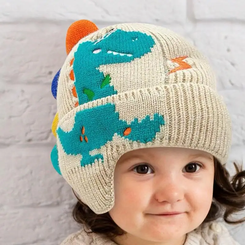 Cartoon Dinosaur Kids Earmuffs Hat Cute Toddler Ear Protection Cap Winter Warm Knitted Beanie Cap for Boy Girl For Camping