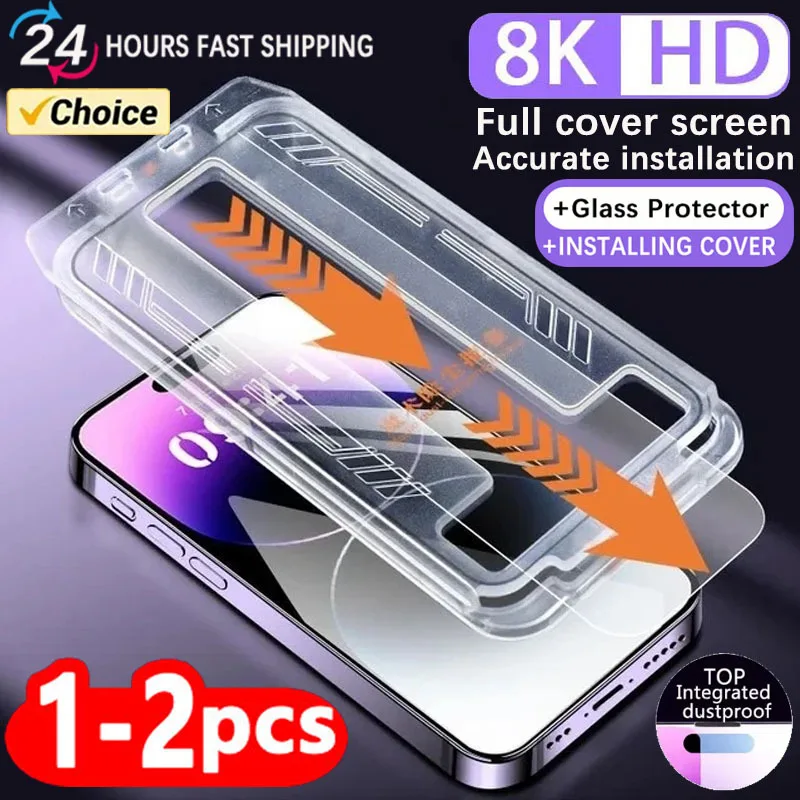 1-2Pcs 8K Oleophobic Coating Dust Free Installation Screen Protector For Iphone 13 11 12 14 Pro Max Mini X XR 15 Anti Spy Glass