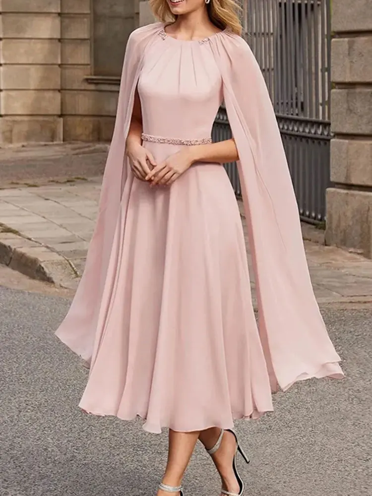 

Tea Length Elegant Mother Of The Bride Dresses Pink Chiffon A Line Wedding Party GownJewel Neck Cape Sleeves For Wedding Guest