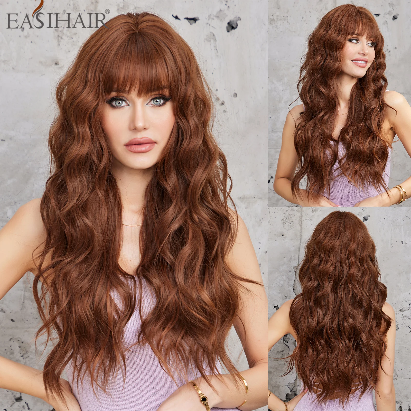 

Synthetic Red Brown Wigs Long Curly Wavy Hair Wigs with Bangs for Afro Women Daily Cosplay Party Natural Heat Resistant WigFiber