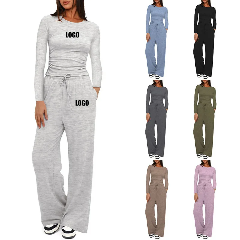 

Customized LOGO women's new casual long-sleeved high-waisted wide-leg pants sportswear two-piece set