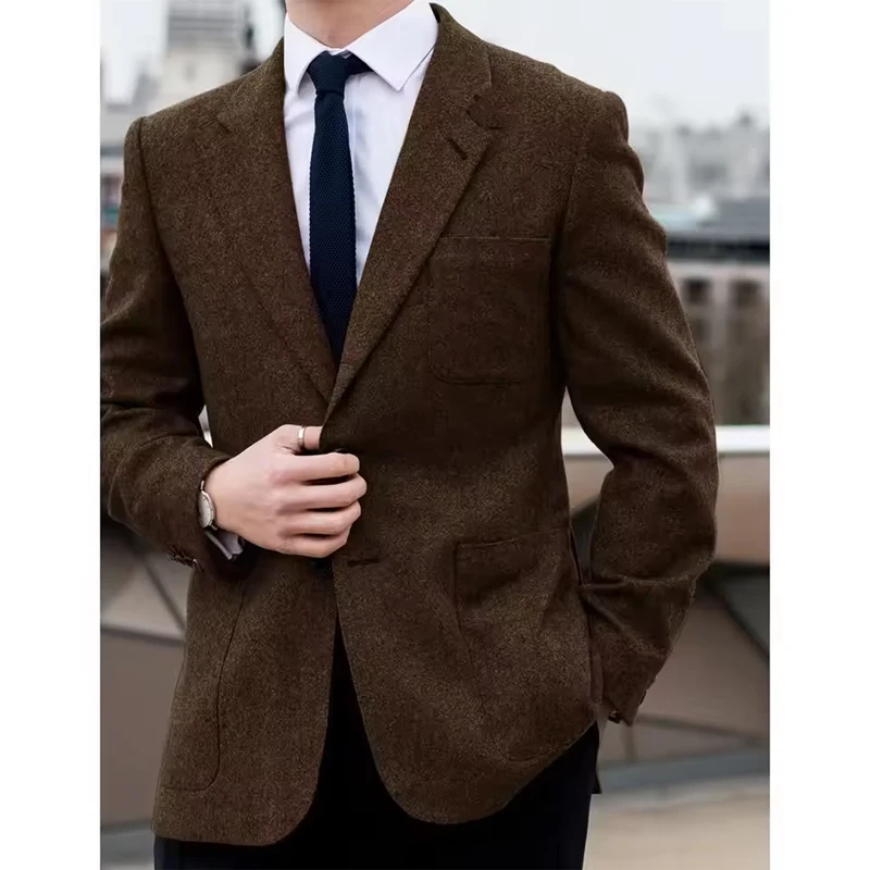 Men Wool Blazer Jacket Single Breasted Notch Lapel Slim Fit Comfortable Elegant Business Suit Jacket Casual Fashion Formal Coat