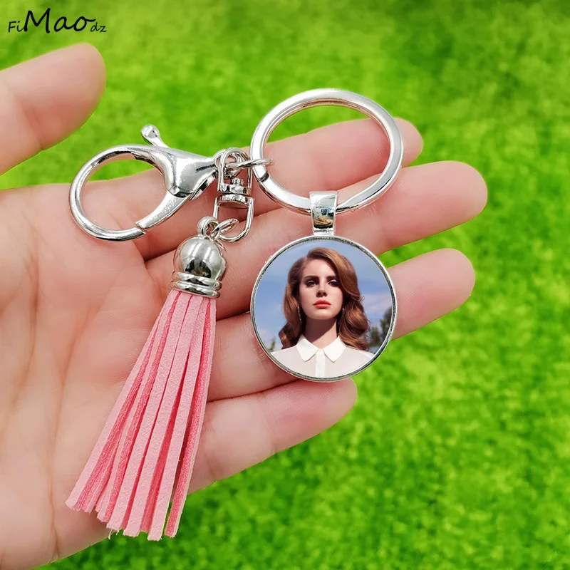 Lana Del Rey Keychain Pendant Popular Star Custom Poster Glass Dome Exquisite Leather Tassel Key Chain Women Femme Key Ring