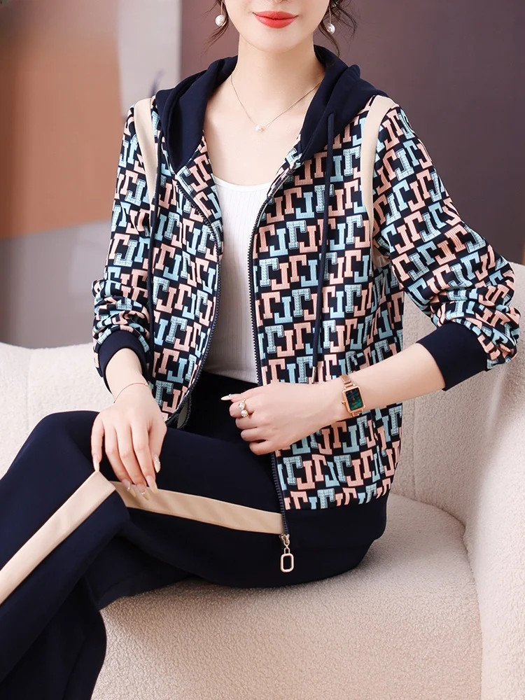

Faionable Spor Casual Mommy Autumn Wear Two-Piece Set Polyester Cotton Spandex Zipper Closure Long Pants Loose Fit