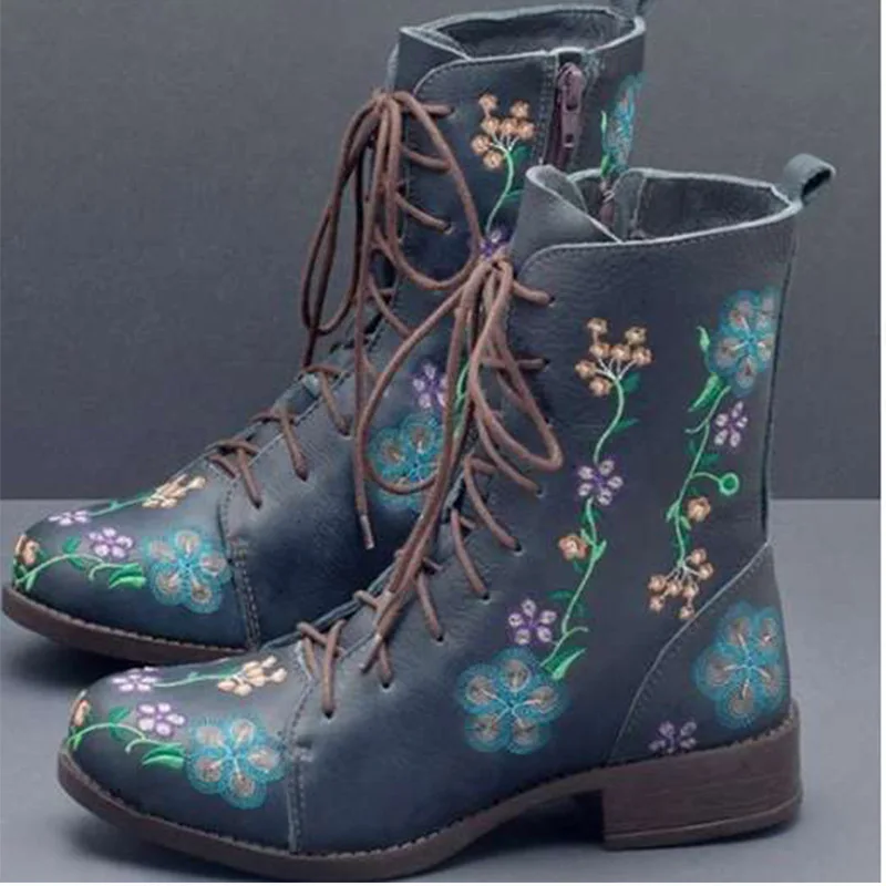 Botines de Mujer HKDQ con Punta Redonda, Tacón Bajo, Cierre de Cordones y Cremallera Lateral, Estampado Floral, Estilo Boho Vintage, Calzado para Exteriores