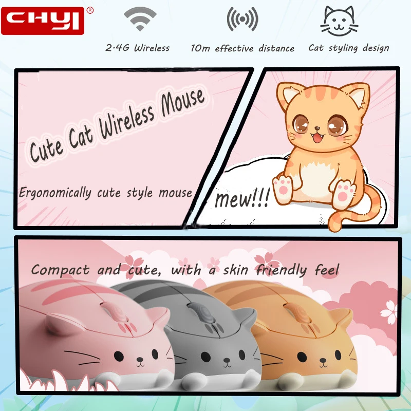 Cute Cat Wireless Mouse Ergonomic Bottom Anti slip Small And Portable Wireless Mouse Cartoon Design Mouse For Desktop Laptops