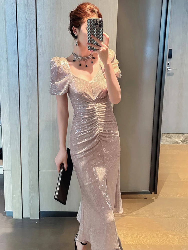 فساتين سهرة فرنسية أنيقة للمرأة بريق حلو لامع ترتر شق رداء سيدة حفلة عيد ميلاد خمر حفلة موسيقية Vestidos Mujer