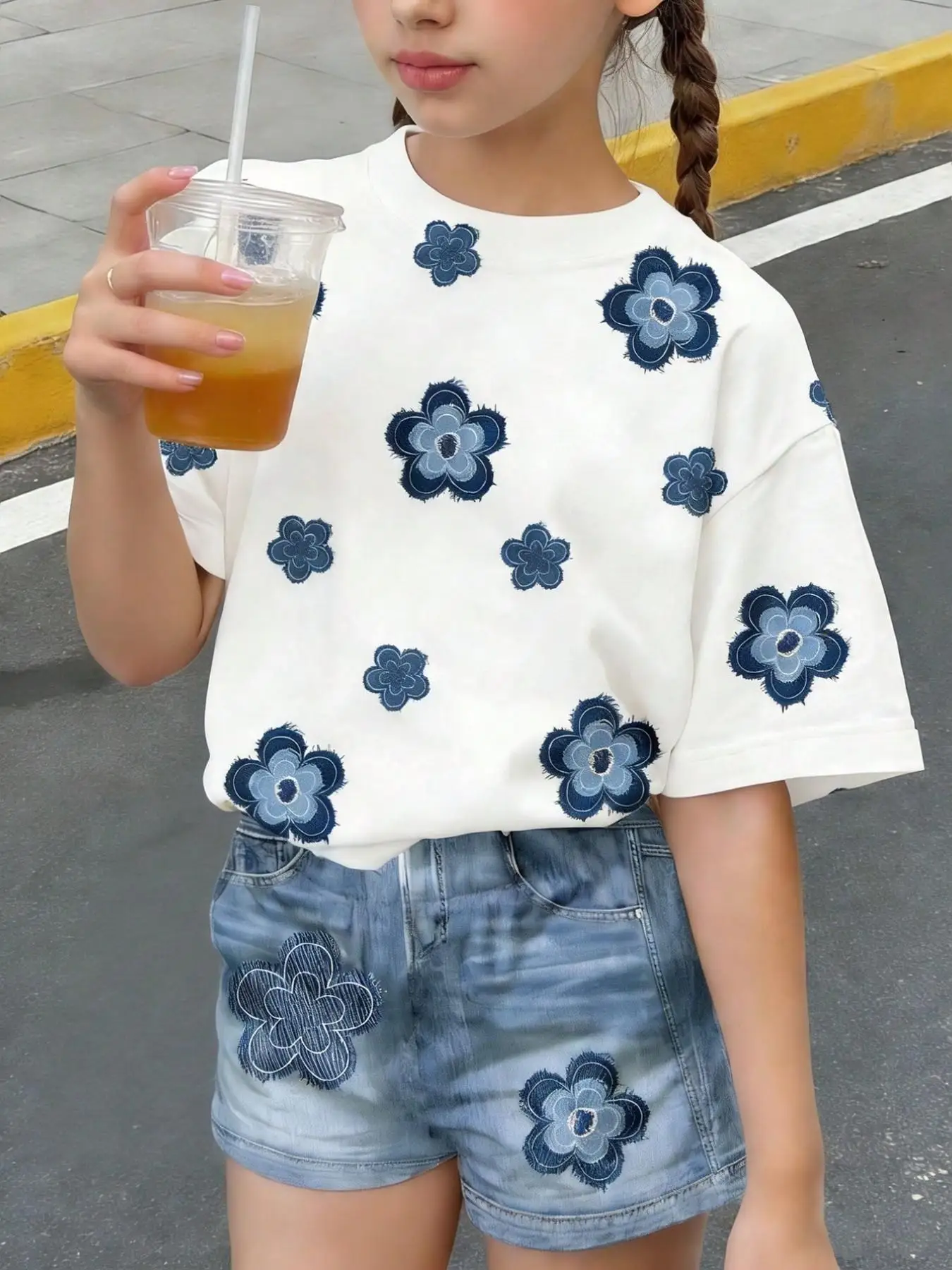 Warm and Sweet Floral Faux Denim Pattern Print Set, Summer Digital Print Casual Top + Shorts Two-Piece Set for Girls, Available in Blue, Rose Pink, Purple, and Multiple Colors, Suitable for Children Aged 4-11