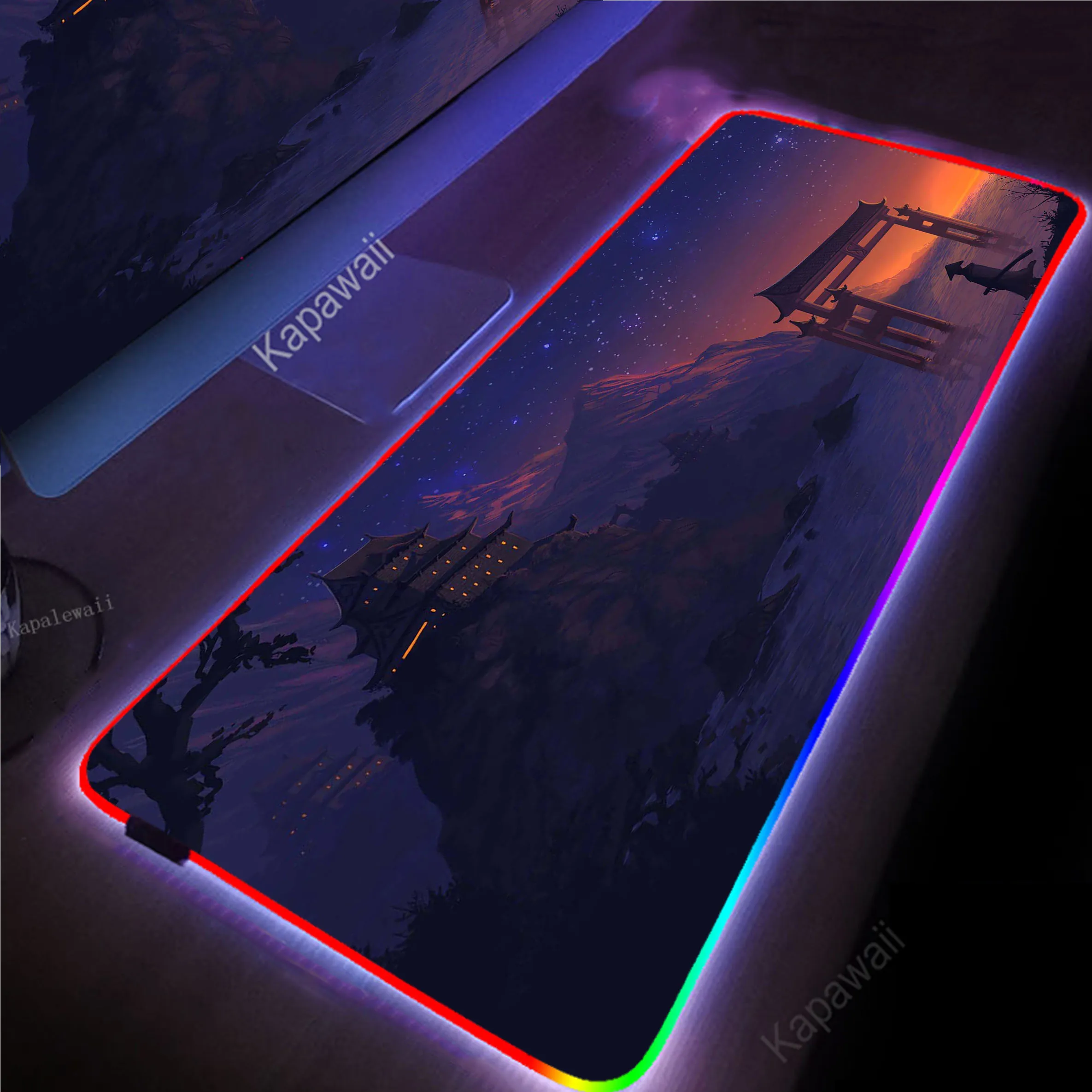 

Коврик для мыши японский пейзаж RGB с подсветкой, большой игровой коврик для мыши, компьютерный Настольный коврик XXL, резиновые коврики для клавиатуры