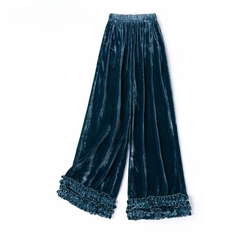 Women's Fashion Autumn New 30% Natural Mulberry Silk Velvet Double-layer Fungus Edge Two Side Pockets Straight Leg Pants