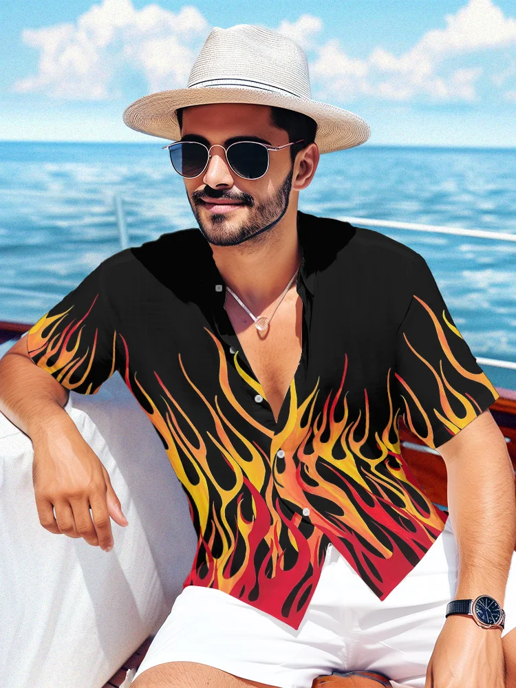 

Summer Beach Hawaiian Shirt Men Y2k Streetwear Fashion Oversize Short Sleeve Shirt Luxury Flame Pattern Casual Tops Chic Blusas