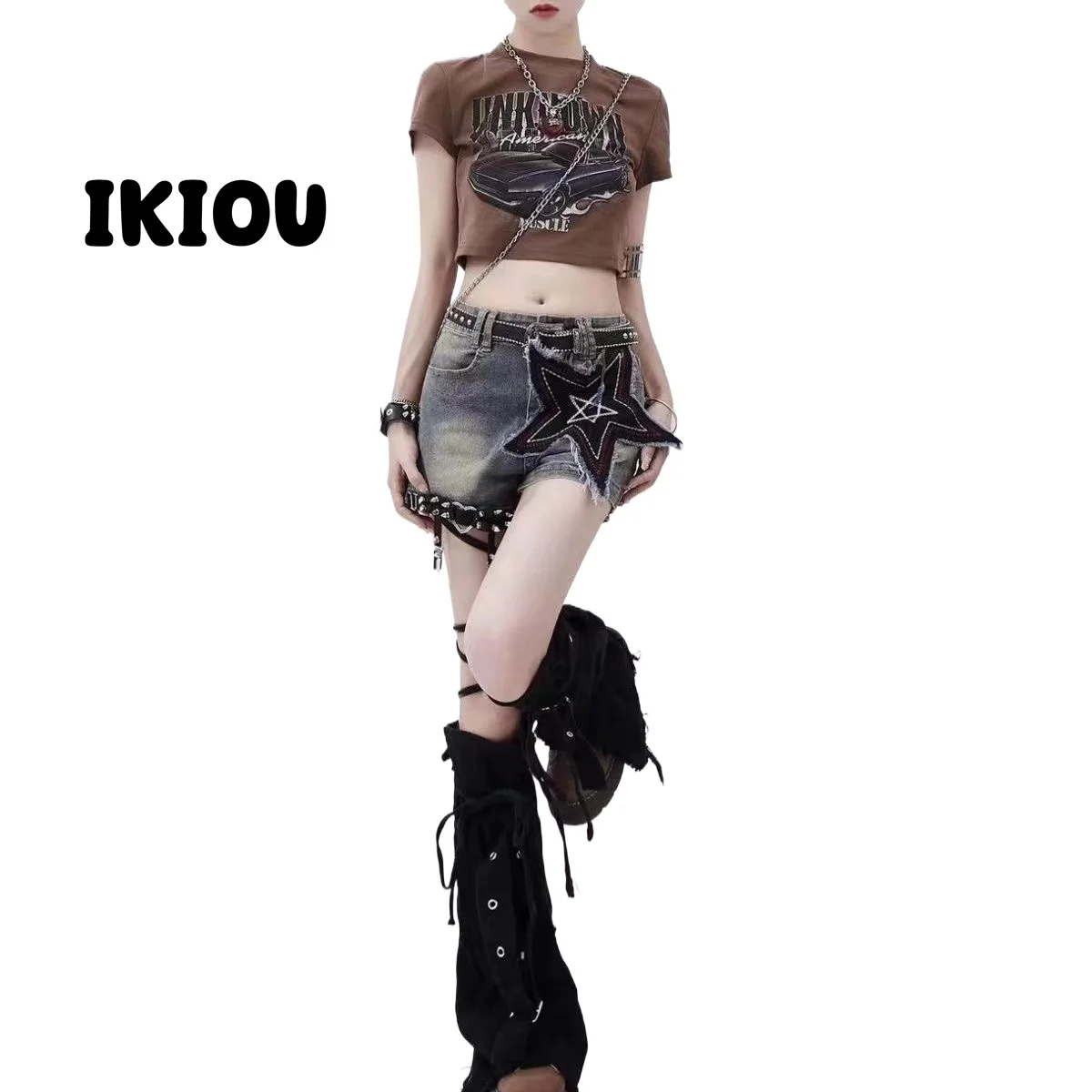 IKIOU Y2K Punk Rock Black Denim Leg Warmers with Drawstring Cross Design for Slim Fit and Trendy Girls on Ins