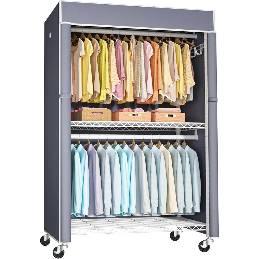 White Clothing Rack with Grey Cover P1C Plus Rolling Closets with Wheels for Home and Closet Use HeavyDuty Metal Garment Rack f