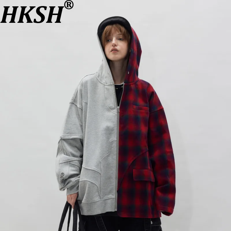 HKSH Spring Autumn New Man Niche Design Asymmetric Color-Block Patchwork Plaid Sweatshirt Casual High Street Ins Hoodies HK13732