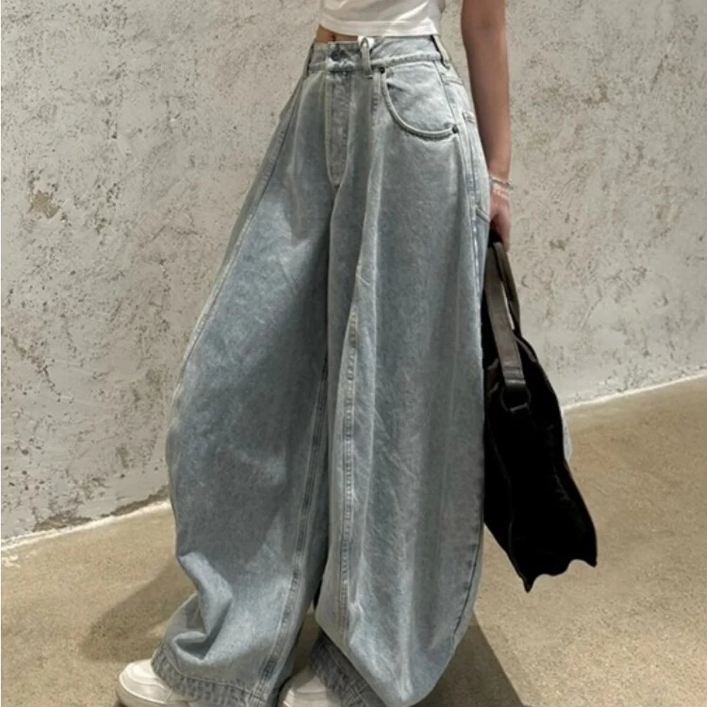 

American Style Retro Washed Distressed Machete Jeans Casual Loose Slim Daily Versatile Wide Leg Denim Pants For Women
