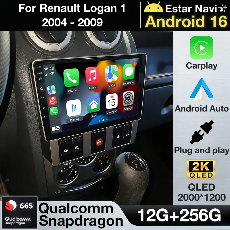 Radio para Auto Renault Logan 1 2004 2005 2006 2007 2008 2009 Android 16 Pantalla Reproductor Multimedia para Auto Unidad Principal Navegación GPS 2din DVD