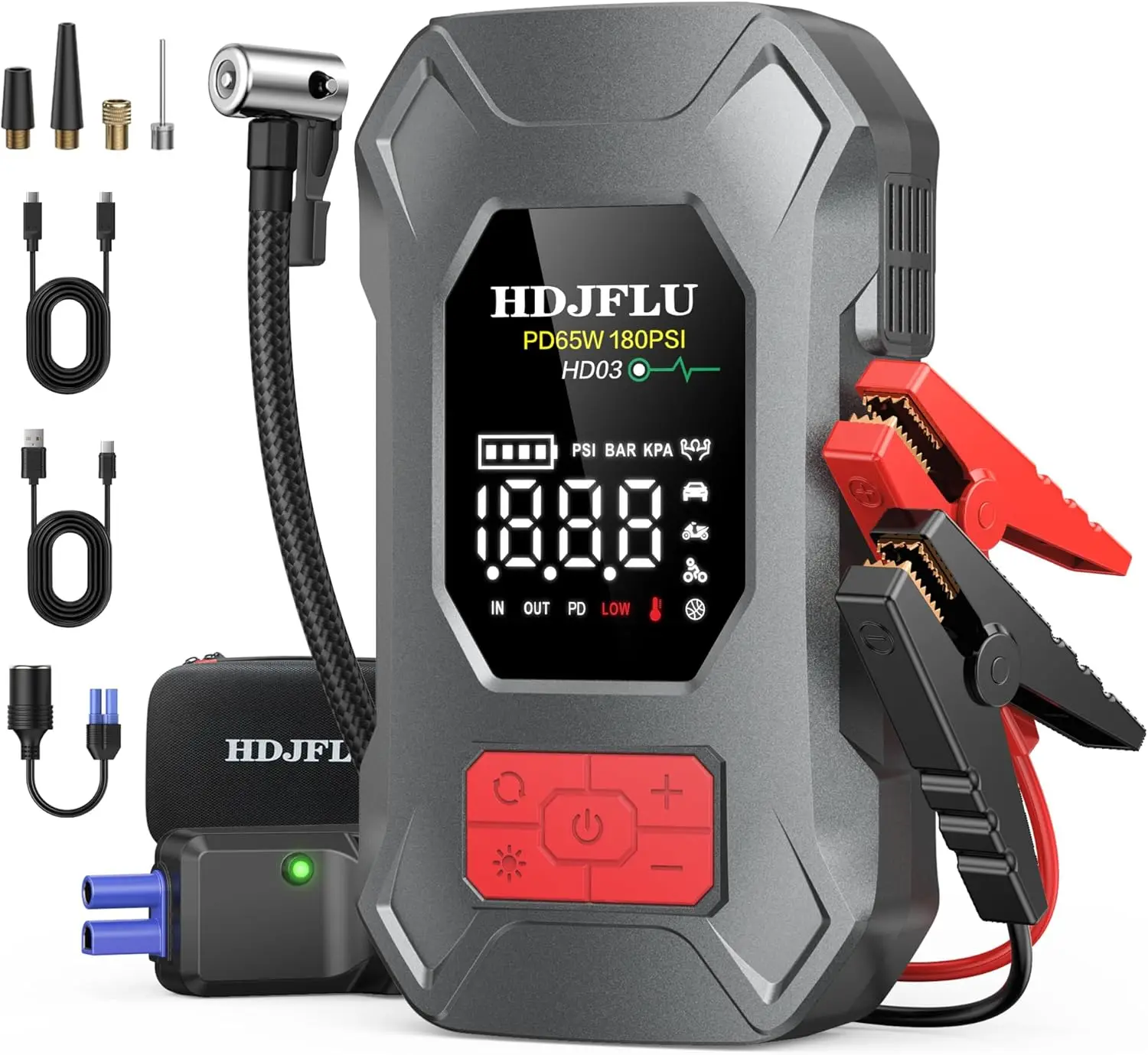 

7500A Car Jump Starter with 180PSI Air Compressor, 24000mAh Battery, 65W Fast Charging, 10-in-1 Portable Tire Inflator