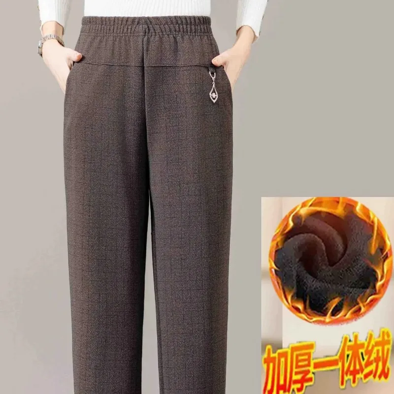Middle Aged Women Autumn Winter Fleece Lined High Waist Straight Pants Loose Elastic Waist Mom Trousers For Elderly Ladies