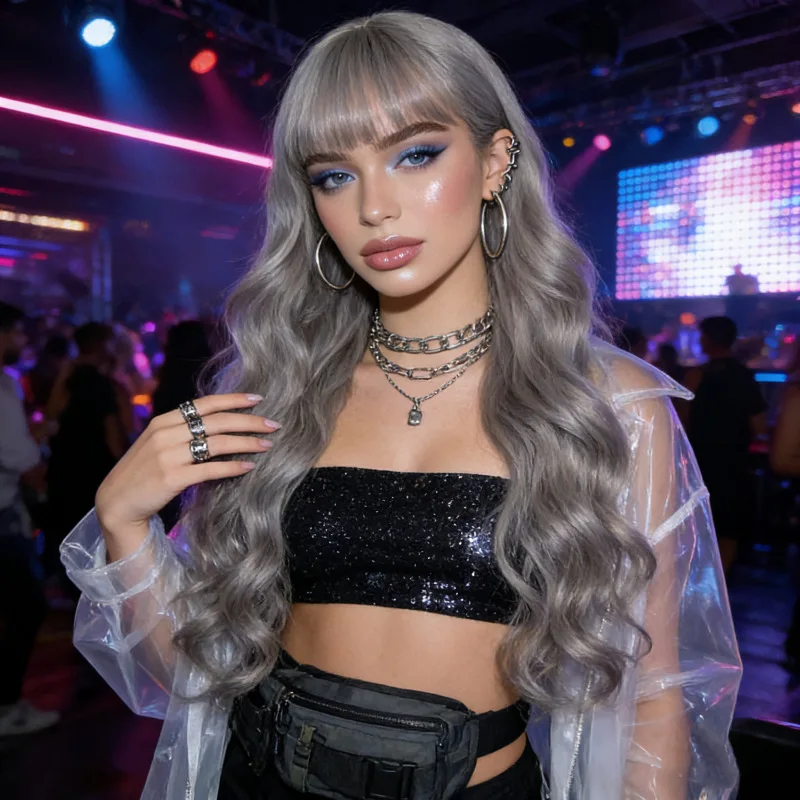 Women'S Wig With Long Hair Bangs Big Waves Outdoor Party Simulation High-Temperature Wire Head-Wearing Synthetic Wig