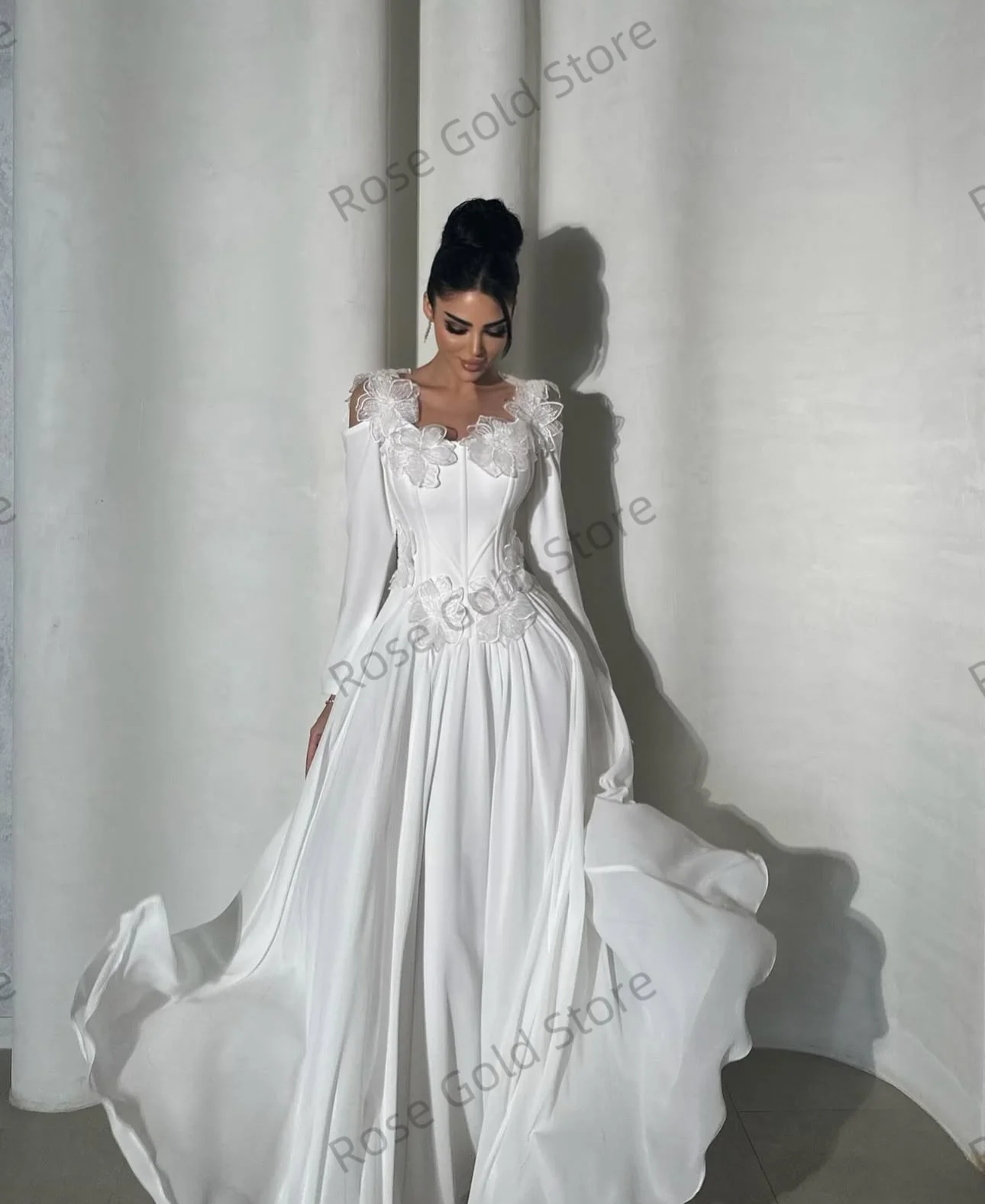 Elegant White Evening Dress A Line Sweetheart Flower Appliques Prom Party Gown for Arabic Customized Chiffon Women Robe de Noche