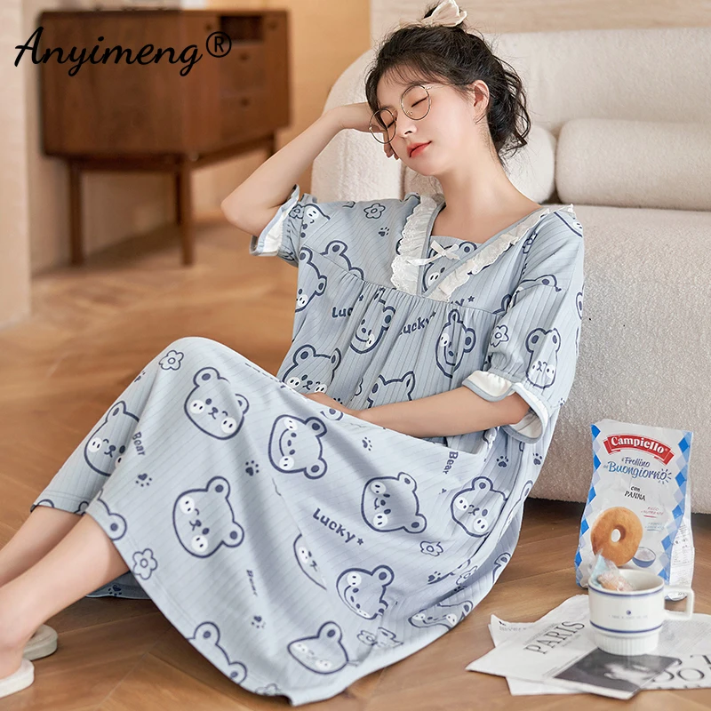 New Summer Kawaii Bear Printing Women Nightdress Close Skin Breathe Freely Homedress M-3XL Soft Cotton Loose Woman Nightgowns