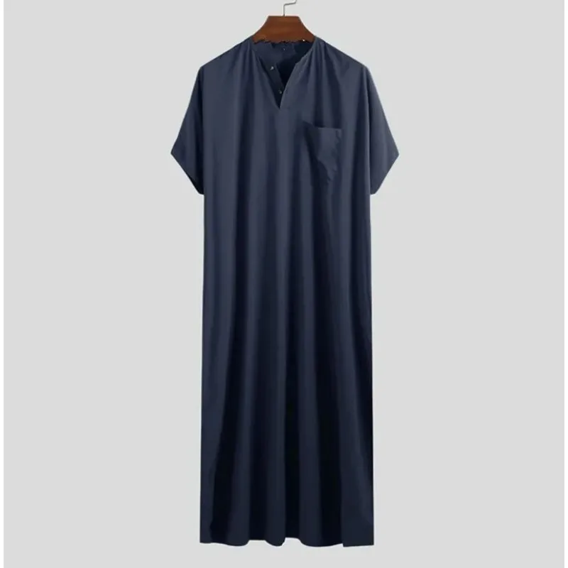 Islamic Arabic Kaftan for Men Vintage Solid Short Sleeve Loose Retro Robe Abaya Dubai Middle East Muslim Dress Men\'s Clothing