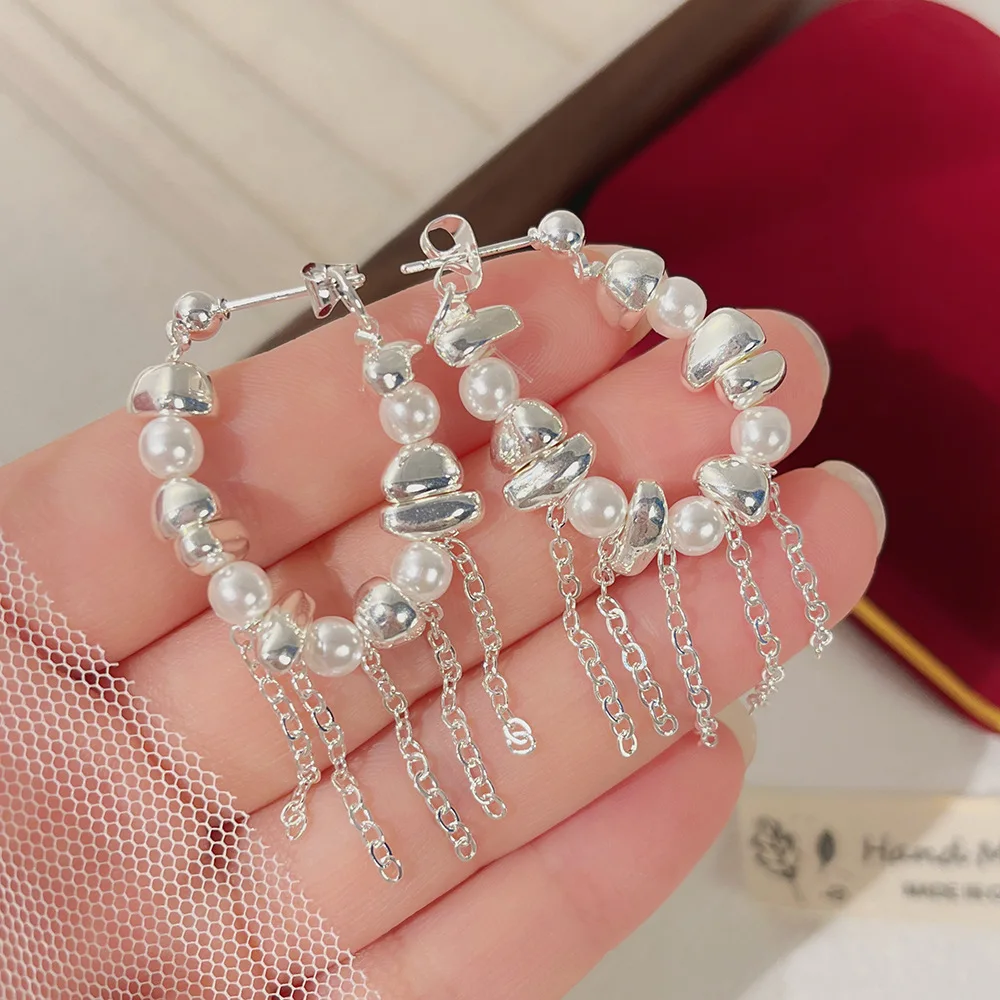 

Geometry Long Tassel Dangle Earrings for Women Round Circle Hoop Drop Earrings Trendy Silver Color Mini Beads Beaded Jewelry