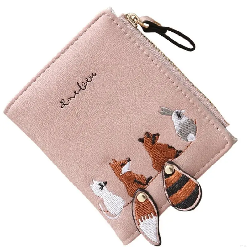 

X7XC Embroidery Purse Women's Wallet with Animal Pattern Zippered Coin Pocket and Clear Window Card Holder for Daily Use